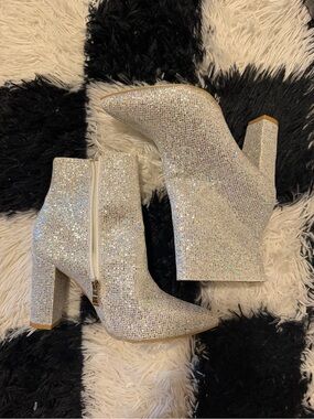 Sparkling Silver Rhinestone Block Heel Ankle Boots - Women